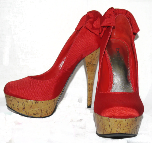 Bebe KAHILIA Red Textured Bow At Heel Cork Heels Pumps Shoes 00102
