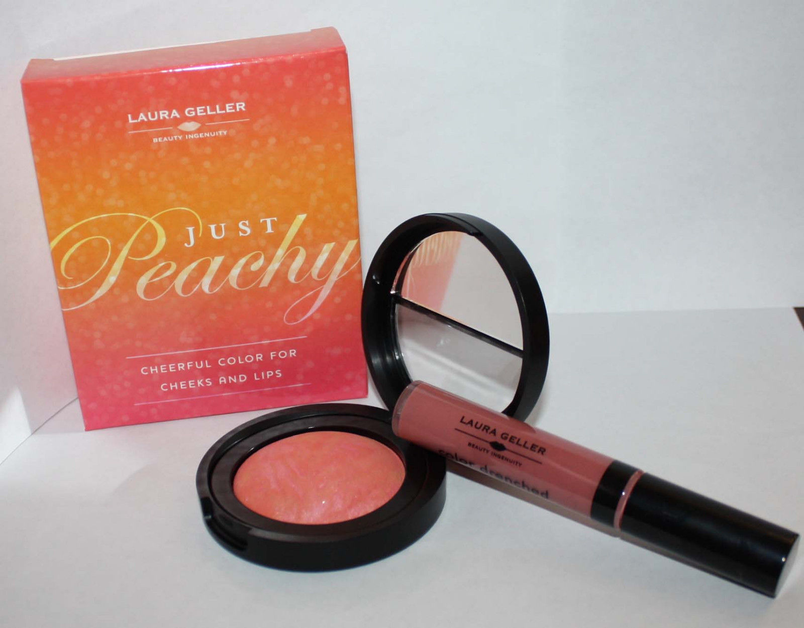 Laura Geller JUST PEACHY 2 Pc Blush PEACH NECTAR & Lip Gloss CAFE AU LAIT Set 09472