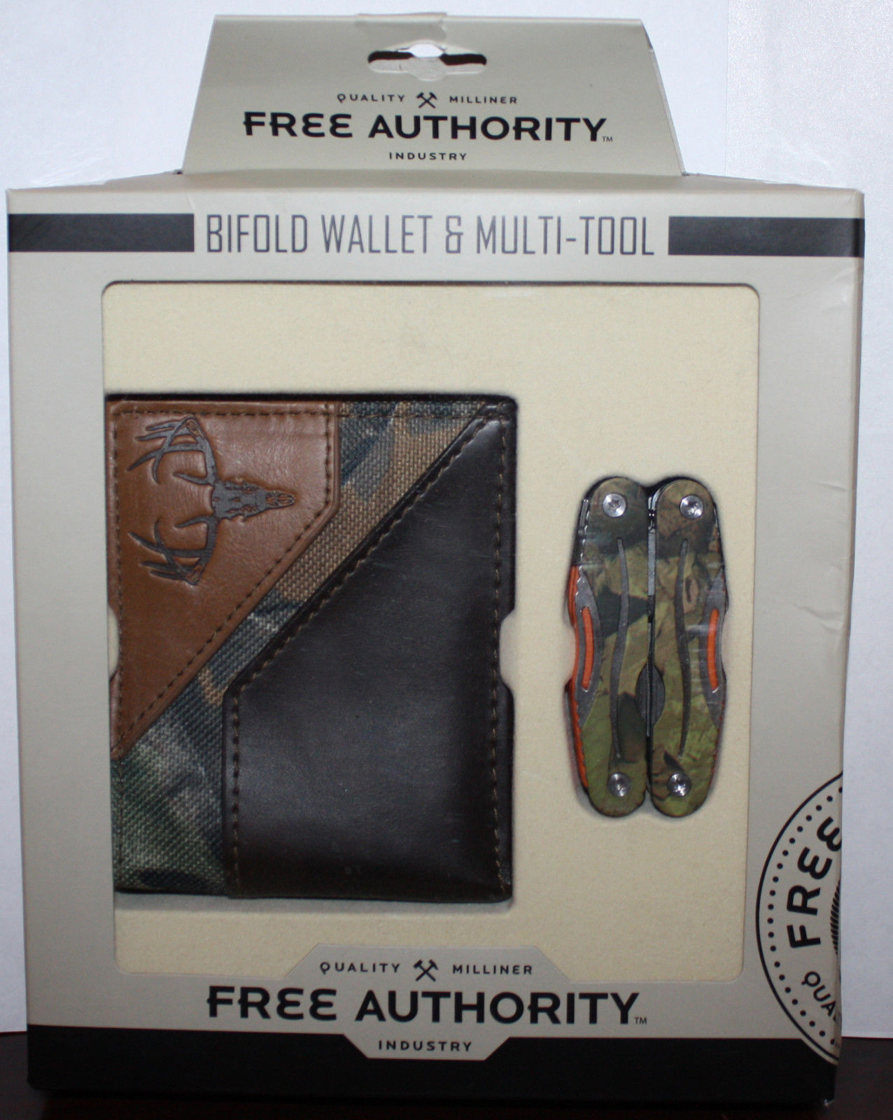 Free Authority Brown/Camo Print Bifold Wallet & Multi-Tool Set 12135