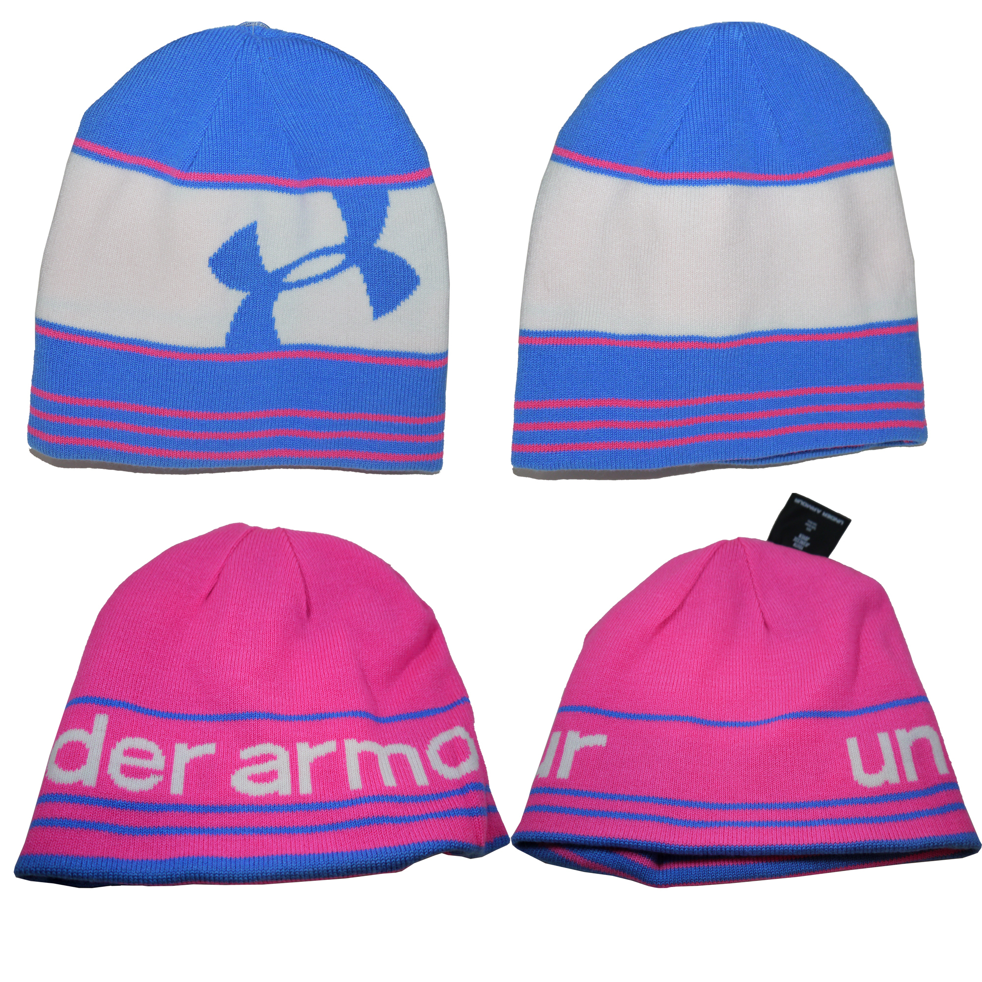 Under Armour Girl's Switch It Up II Blue/White/Pink Reversible Beanie Hat 14006