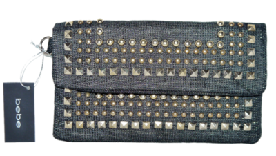 BEBE Black & Gold Studded Linen Wrislet Clutch Purse BEBE Black & Gold Studded Linen Wrislet Clutch Purse