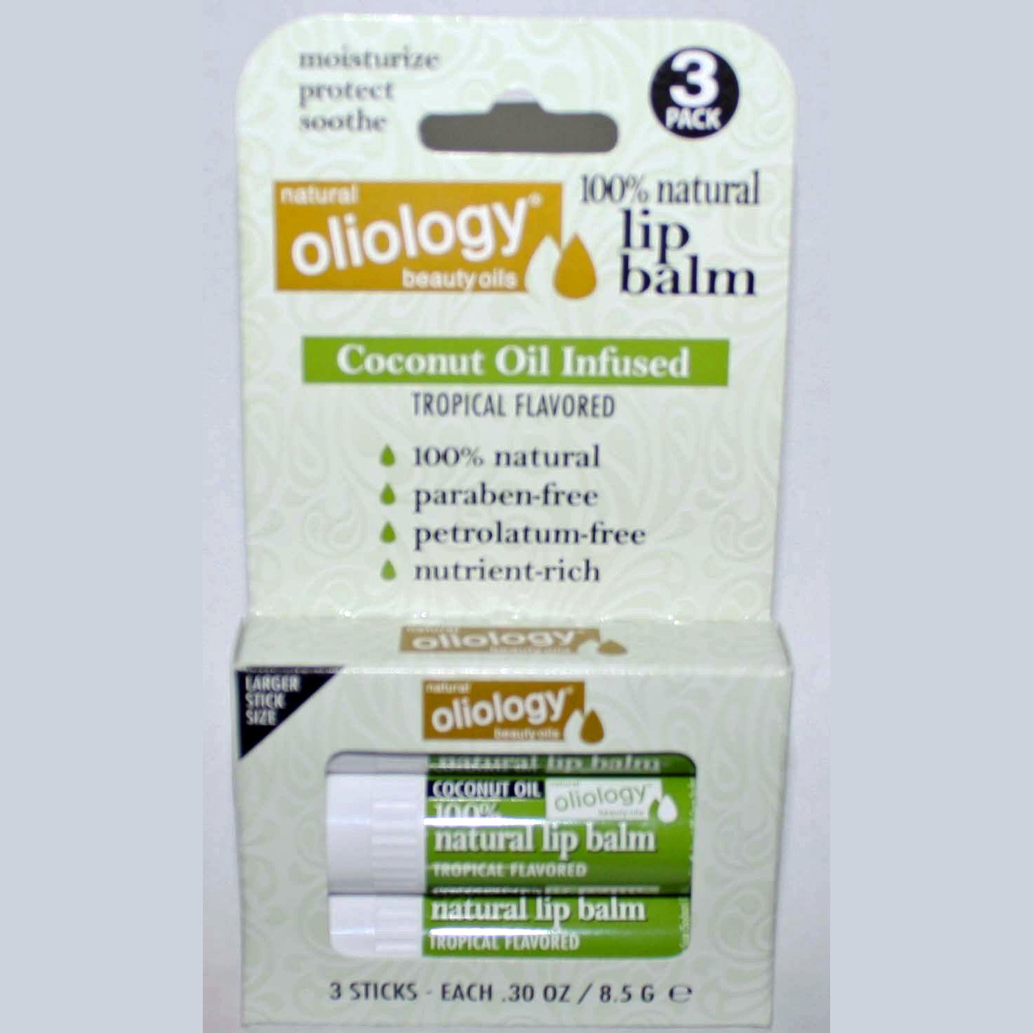 3 Pack Oliology 100% Natural Lip Balm Coconut Oil Infused/Tropical Flavored 11573