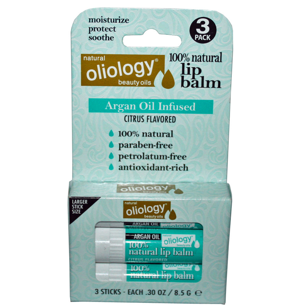 3 Pack Oliology 100% Natural Lip Balm Argan Oil/Citrus Flavored 3 x .30 oz 11575
