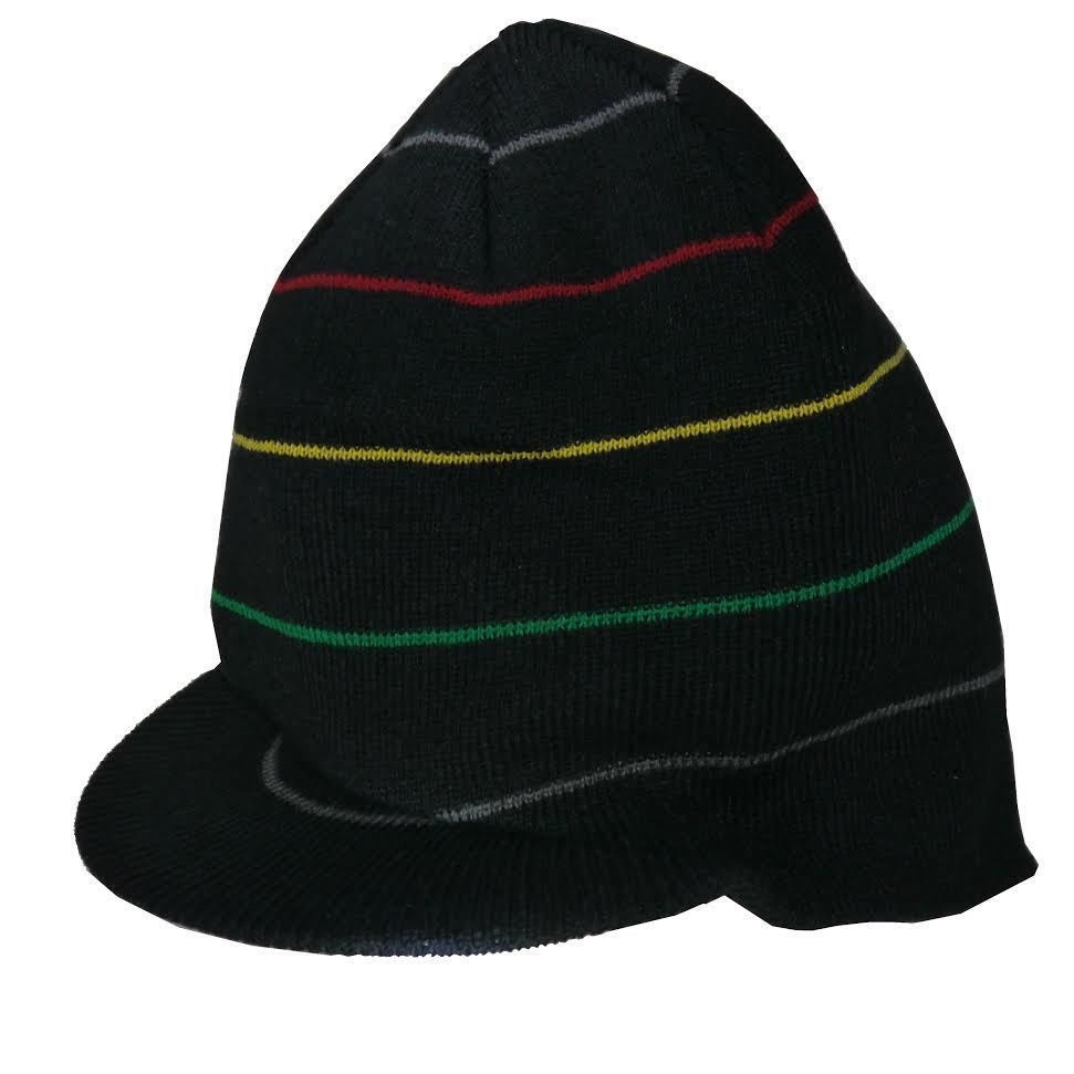 So*Cal Men's Puff Touch Brim Black/Multi-Colored Striped Beanie Visor 14678