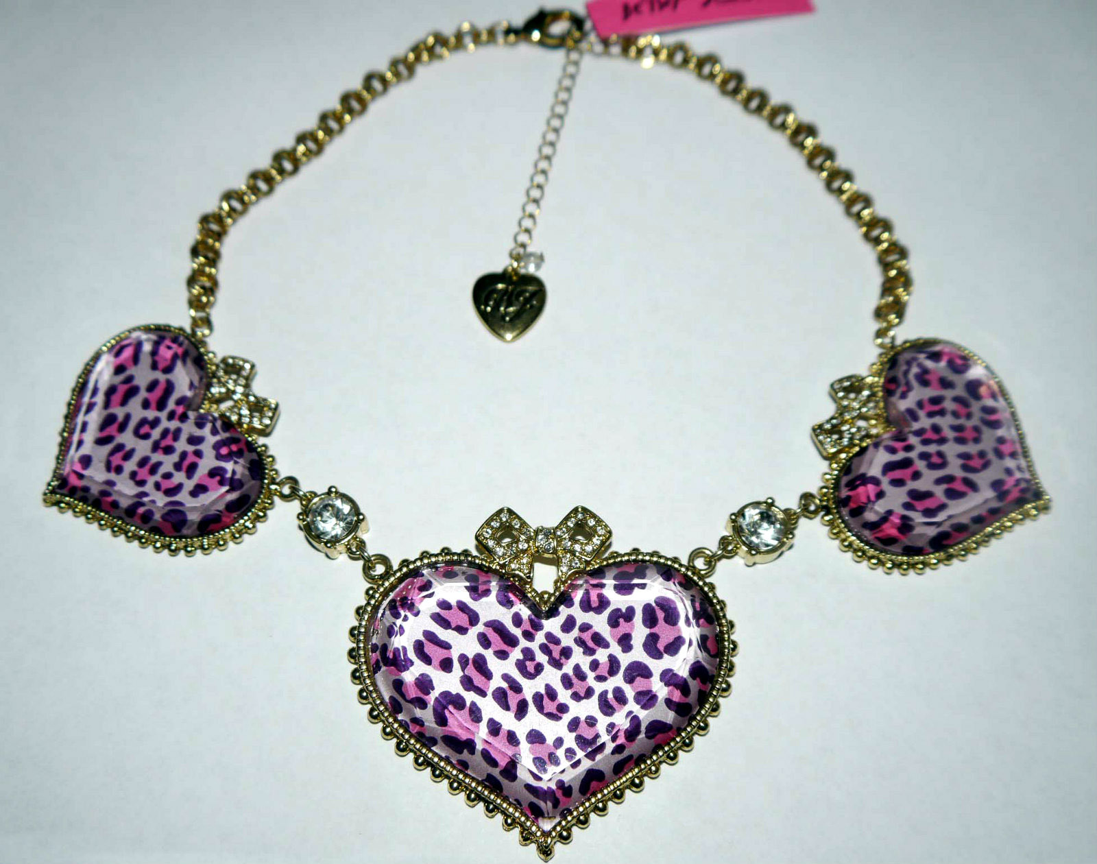 Betsey Johnson Gold Toned Bubbled Leopard Heart Rhinestone Necklace
