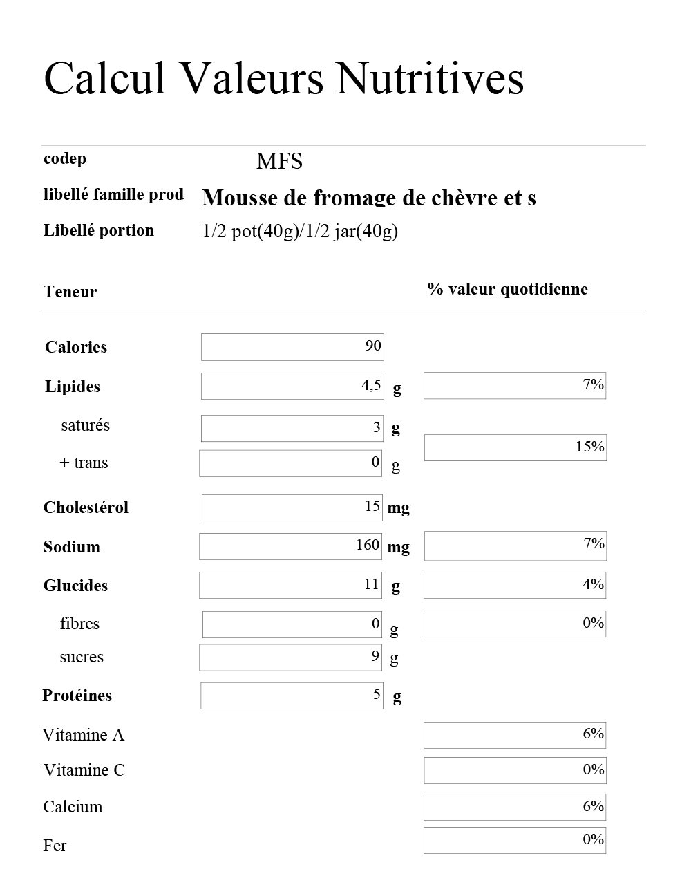 Valeurs Nutritives Caprice d'Érable