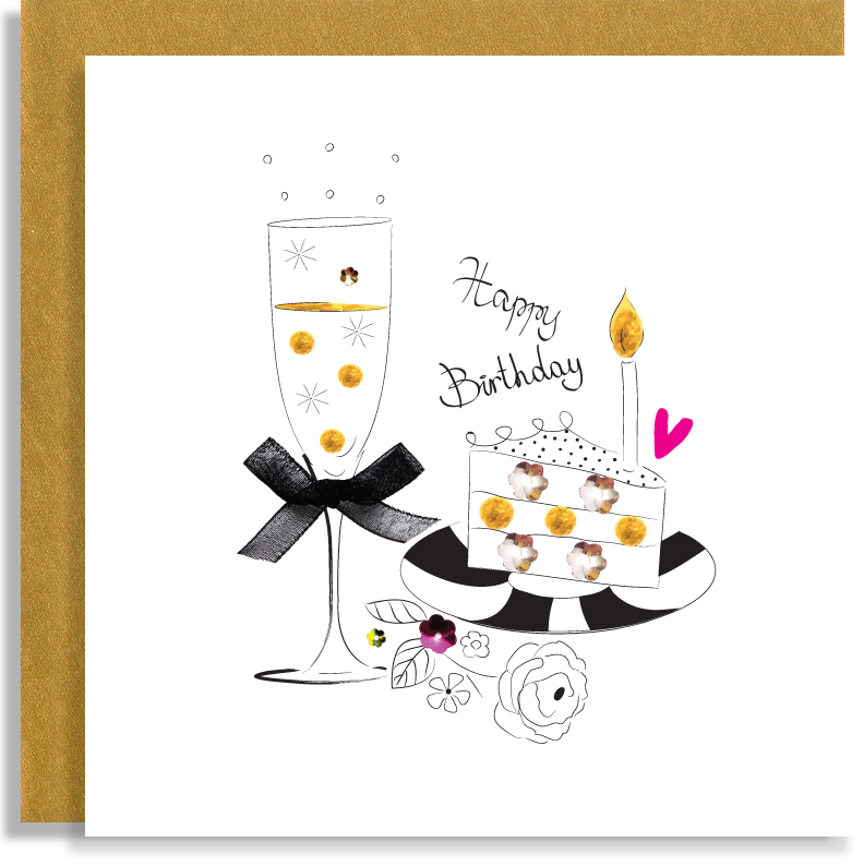Happy Birthday Cake Champagne Handmade Greeting Card