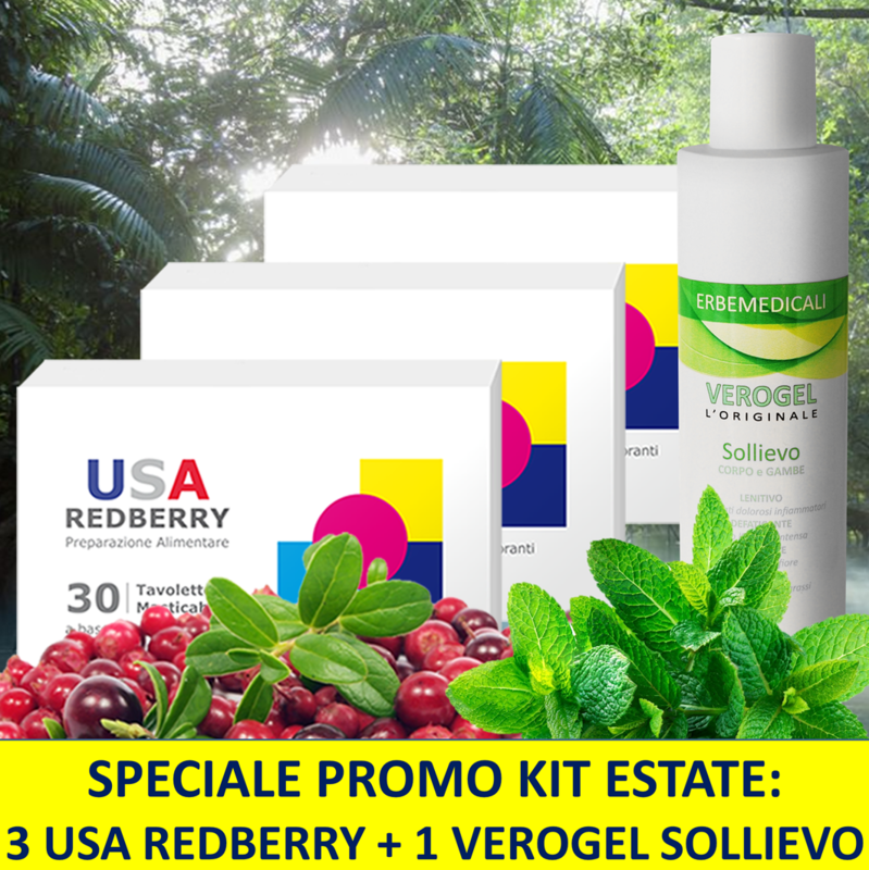 SPECIALE KIT ESTATE: 3 Confezioni USA REDBERRY + 1 VEROGEL SOLLIEVO - 3 x 30 compresse di purissimo Mirtillo Rosso canadese palustre selvaggio + 1 VEROGEL SOLLIEVO 200ML SPECIALE KIT ESTATE: 3 Confezioni USA REDBERRY + 1 VEROGEL SOLLIEVO - 3 x 30 compresse di purissimo Mirtillo Rosso canadese palustre selvaggio + 1 VEROGEL SOLLIEVO 200ML