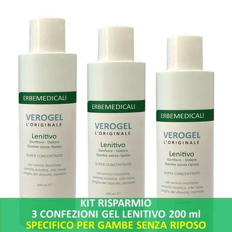 KIT RISPARMIO 3 CONFEZIONI VEROGEL x 200 ml cadauna - Gel LENITIVO dei sintomi da GAMBE SENZA RIPOSO, del Dolore e del Gonfiore KIT RISPARMIO 3 CONFEZIONI VEROGEL x 200 ml cadauna - Gel LENITIVO dei sintomi da GAMBE SENZA RIPOSO, del Dolore e del Gonfiore
