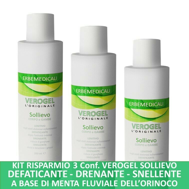 KIT RISPARMIO: 3 Confezioni VEROGEL SOLLIEVO GAMBE E CORPO 200 ML KIT RISPARMIO: 3 Confezioni VEROGEL SOLLIEVO GAMBE E CORPO 200 ML