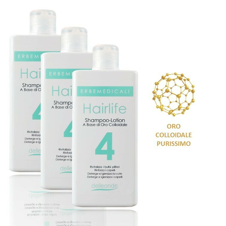 3 confezioni HAIRLIFE4® - SHAMPOO LOTION 4 AZIONI ANTICADUTA CAPELLI A BASE DI ORO COLLOIDALE, VITAMINA B5 e VITAMINA B8 225 ml 3 confezioni HAIRLIFE4® - SHAMPOO LOTION 4 AZIONI ANTICADUTA CAPELLI A BASE DI ORO COLLOIDALE, VITAMINA B5 e VITAMINA B8 225 ml
