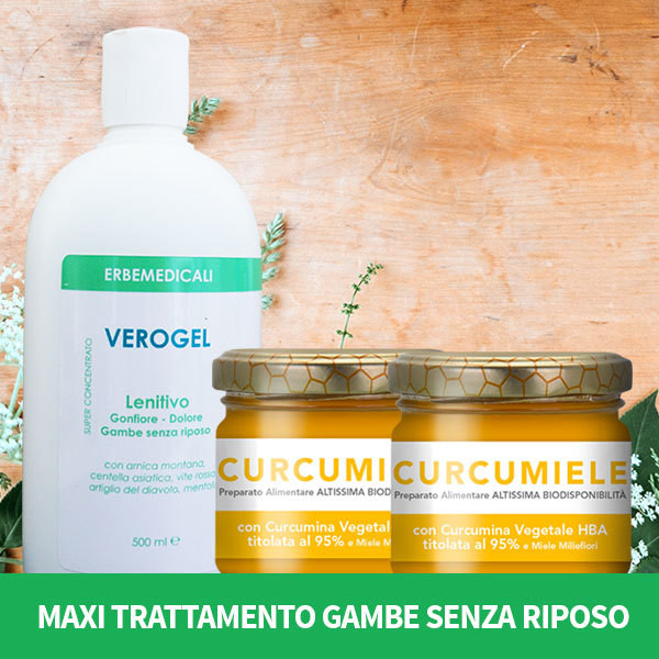 MAXI TRATTAMENTO SINDROME GAMBE SENZA RIPOSO: 1 MAXICONFEZIONE VEROGEL 500 ML + 2 CURCUMIELE 110 gr MAXI TRATTAMENTO SINDROME GAMBE SENZA RIPOSO: 1 MAXICONFEZIONE VEROGEL 500 ML + 2 CURCUMIELE 110 gr