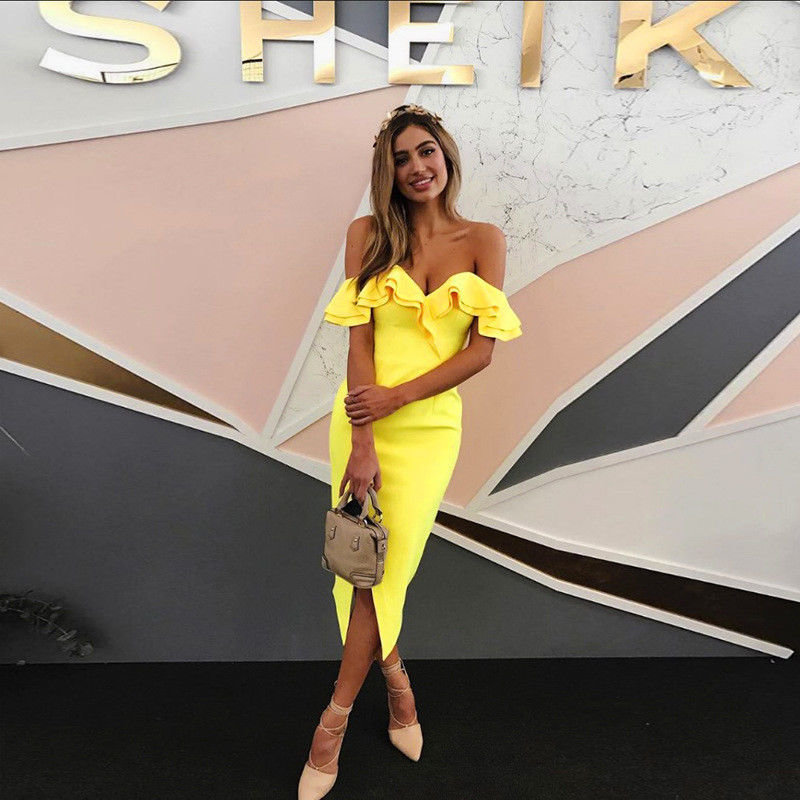 yellow bardot midi dress