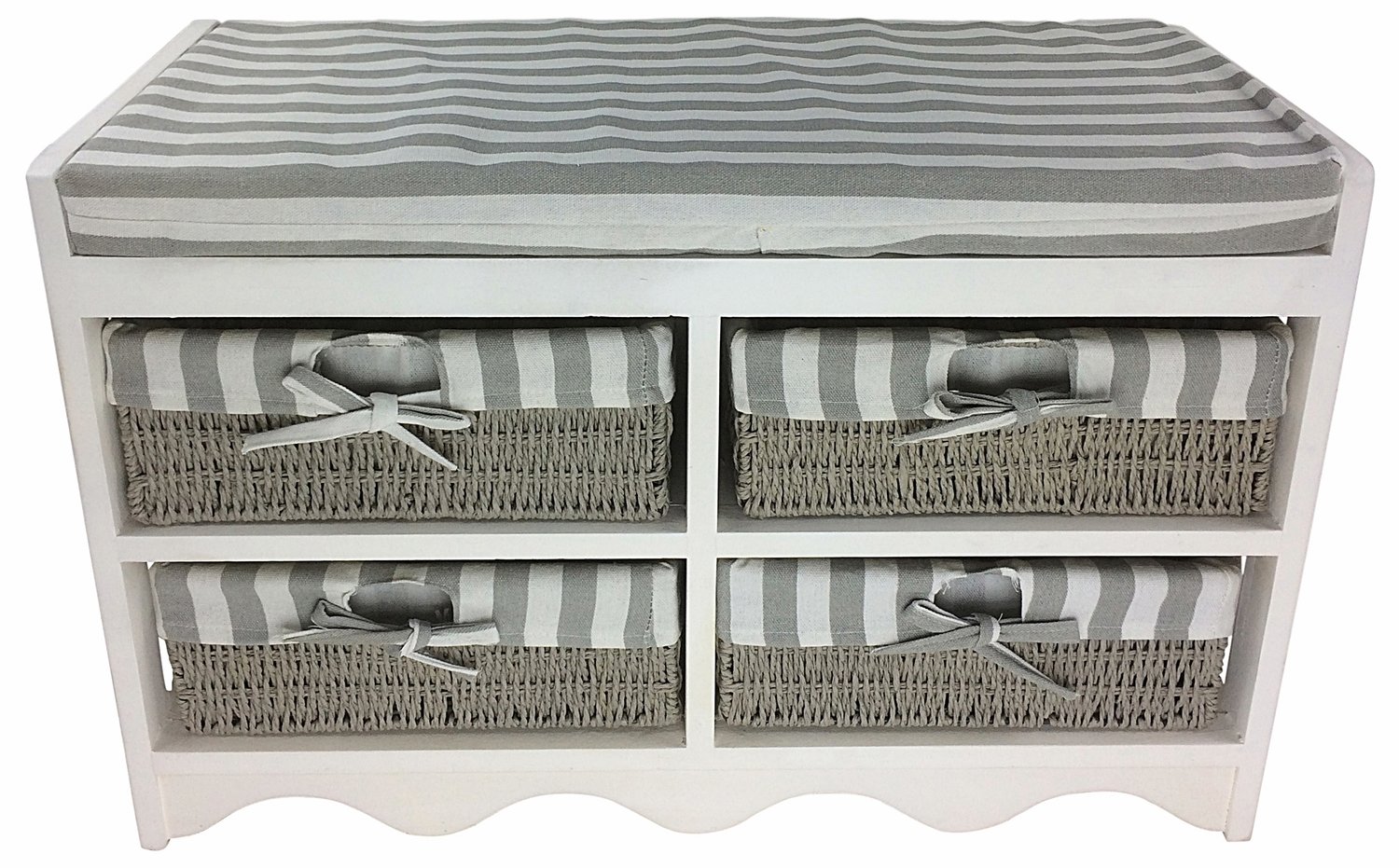 Shabby Chic Rustic Grey White Wood Wicker Drawer Storage Hall Seat