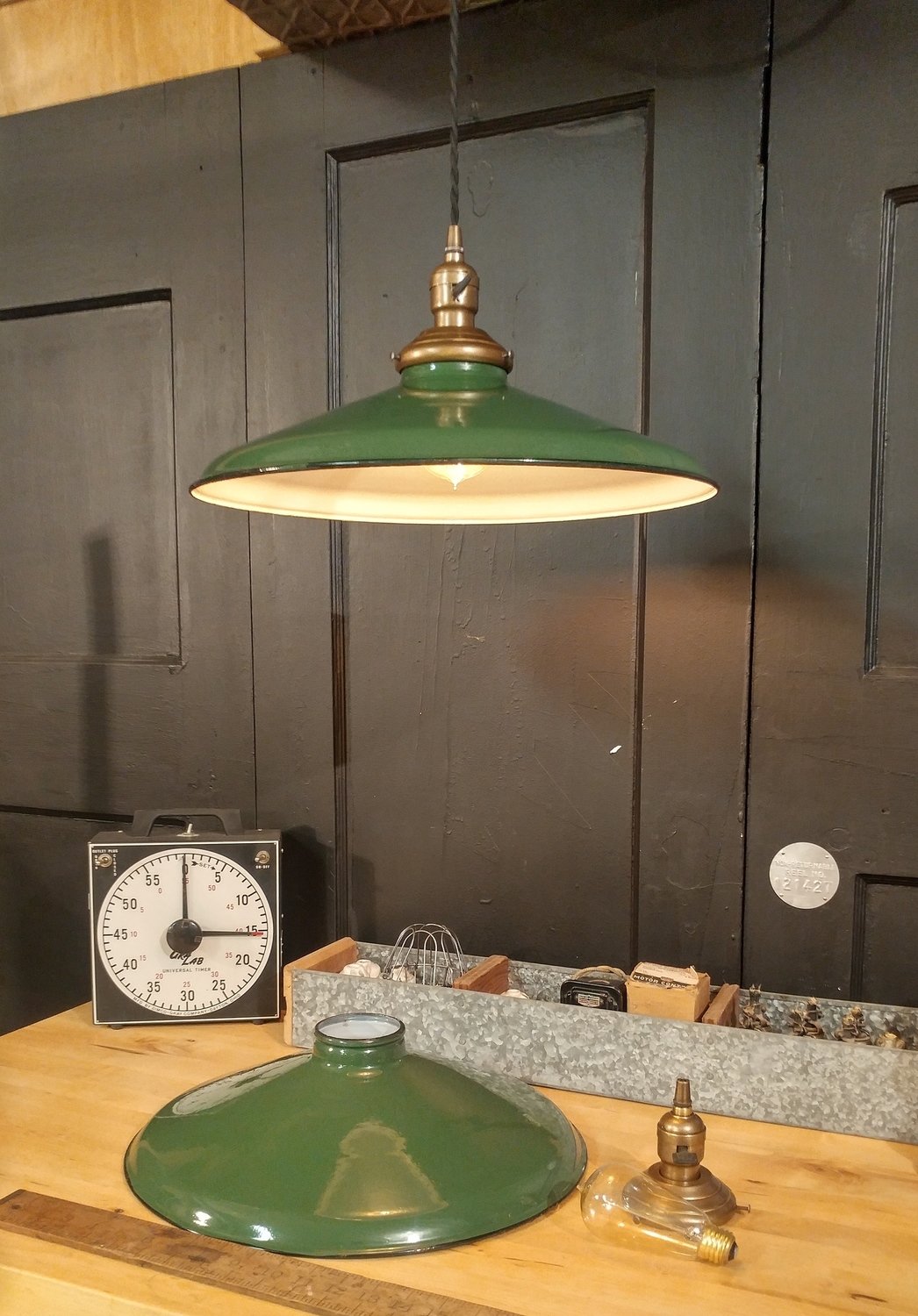 Vintage Green Porcelain Enamel Pendant Light Fixture 16 Brass