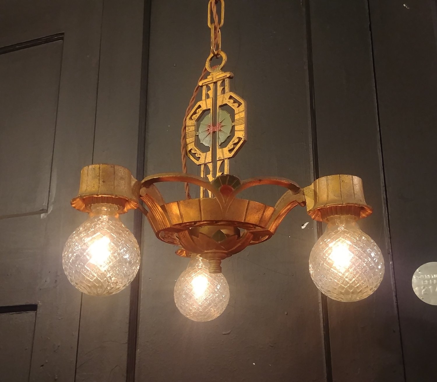 Vintage Art Nouveau 3 Bulb Chandelier Ceiling Lamp Light Fixture Polychrome