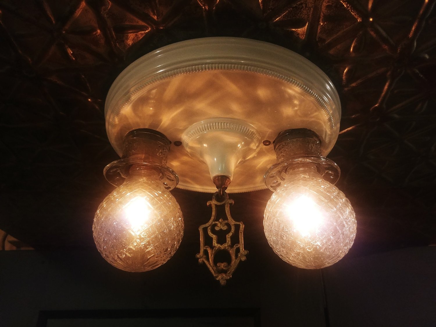 Art Deco Flush Ceiling Mount 2 Bulb Light Fixture Brass Finial