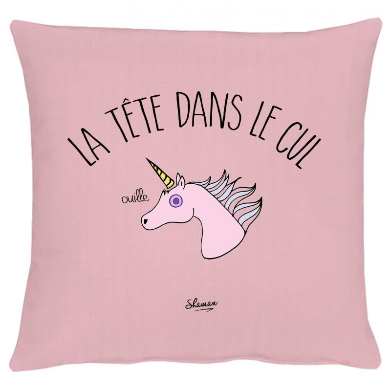 Coussin rose SHAMAN "La tête dans le cul" shaman-coussin la tete dans le cul rose