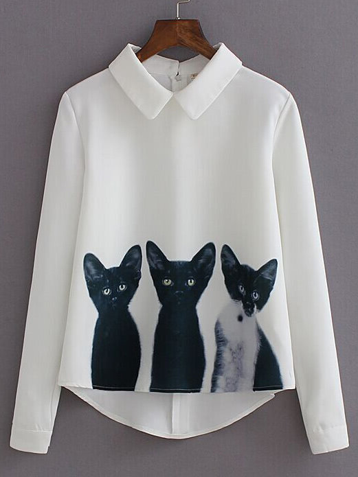 Blouse manches longues imprimée Chats coeur-blouse chats
