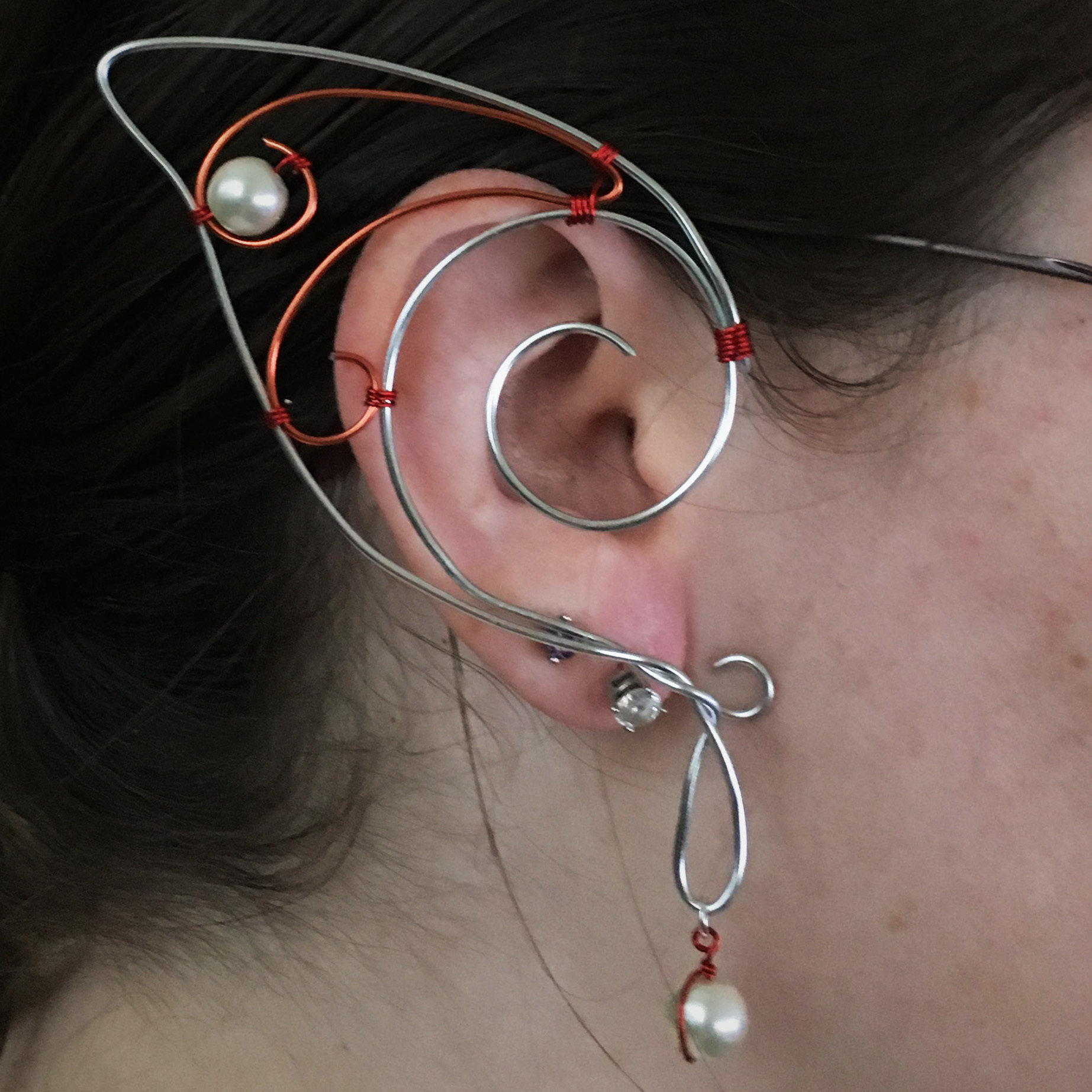 Elf Ear Cuff - Silver and orange with beads EC003