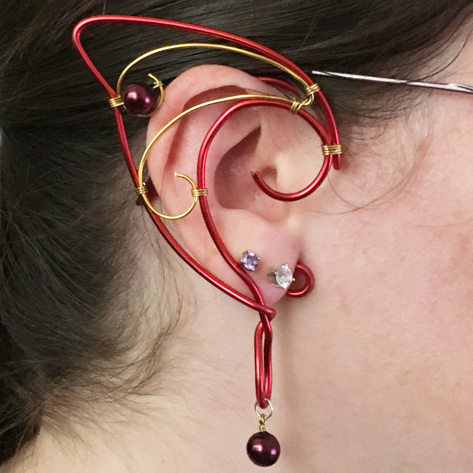 Elf Ear Cuff - Red and gold with beads EC004