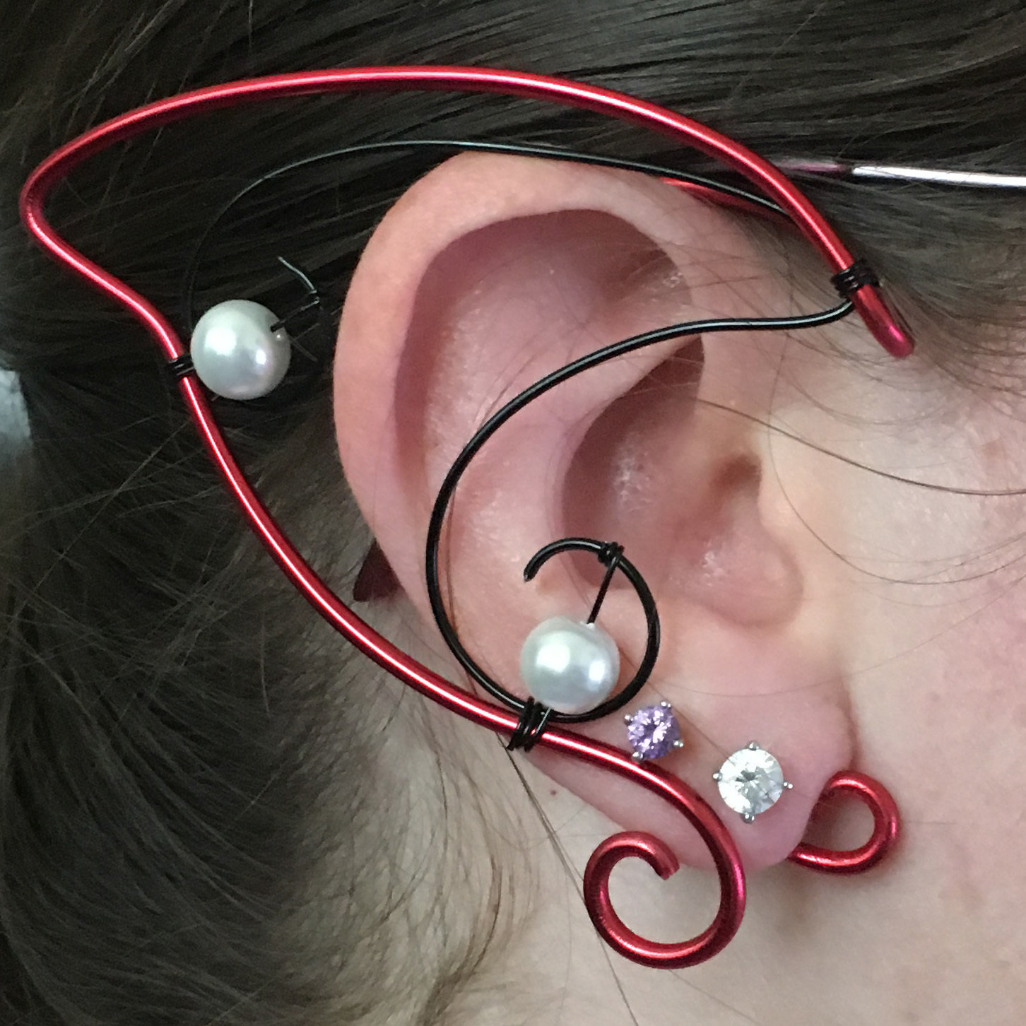 Elf Ear Cuff - Red and Black with beads EC008