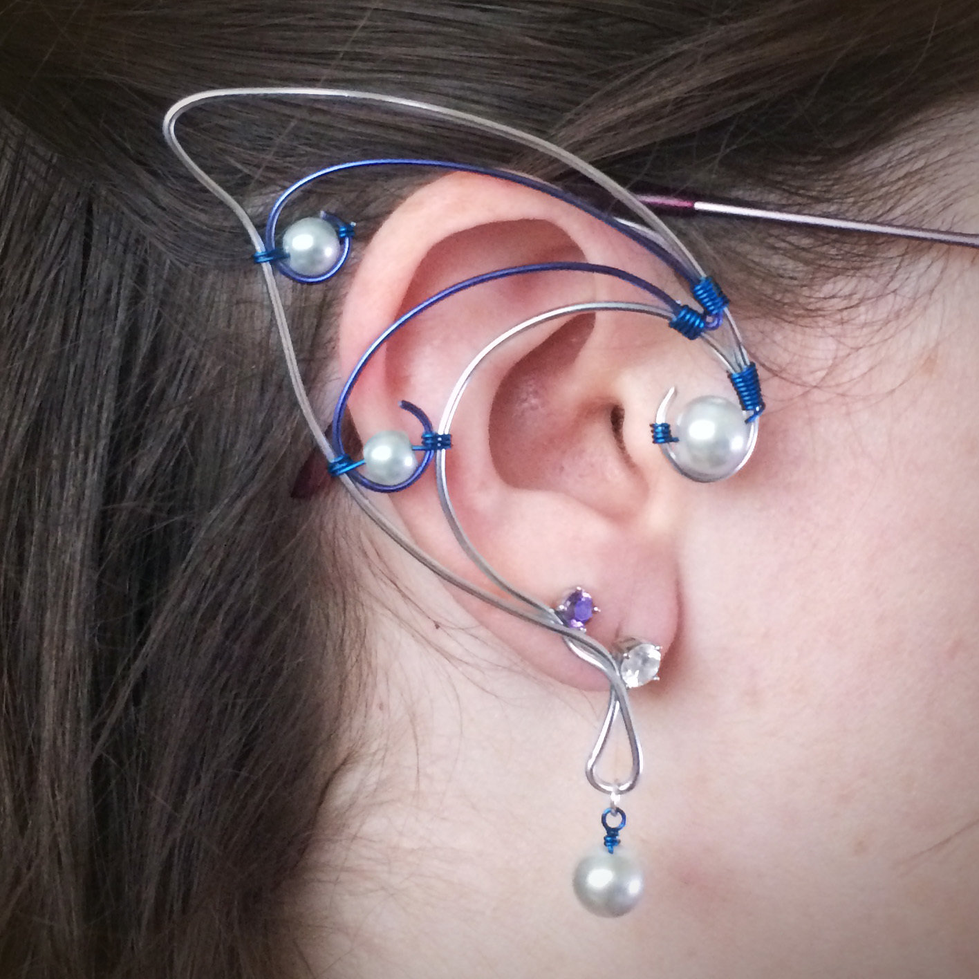 Elf Ear Cuff - Silver and Blue with beads EC010