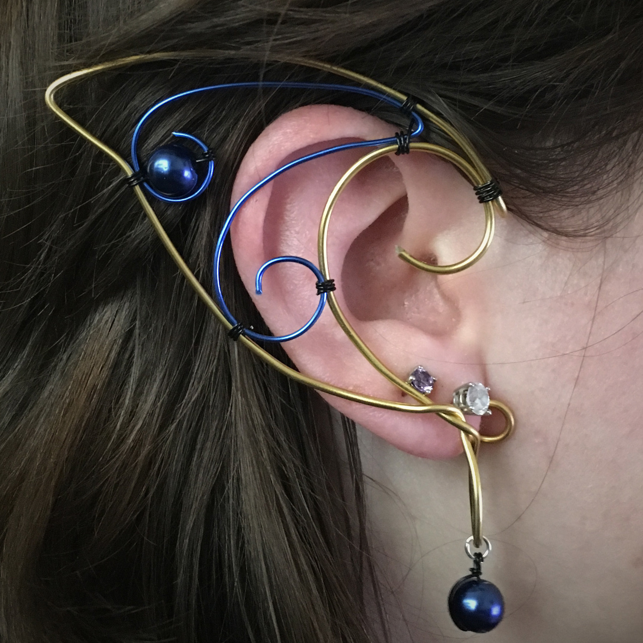 Elf Ear Cuff - Gold and Blue with beads EC011