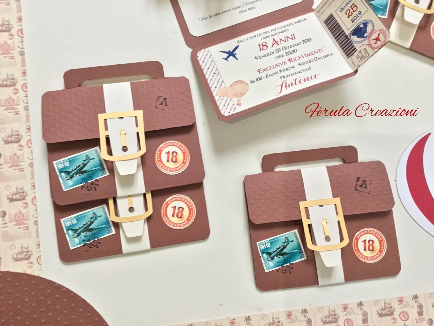 Invito Compleanno Valigia Vintage Con Biglietto Aereo E Mongolfiera