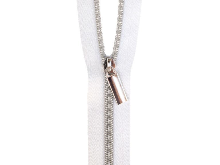Sallie Tomato #5 Zippers by the Yard White With Silver Coils SaToZipW+S