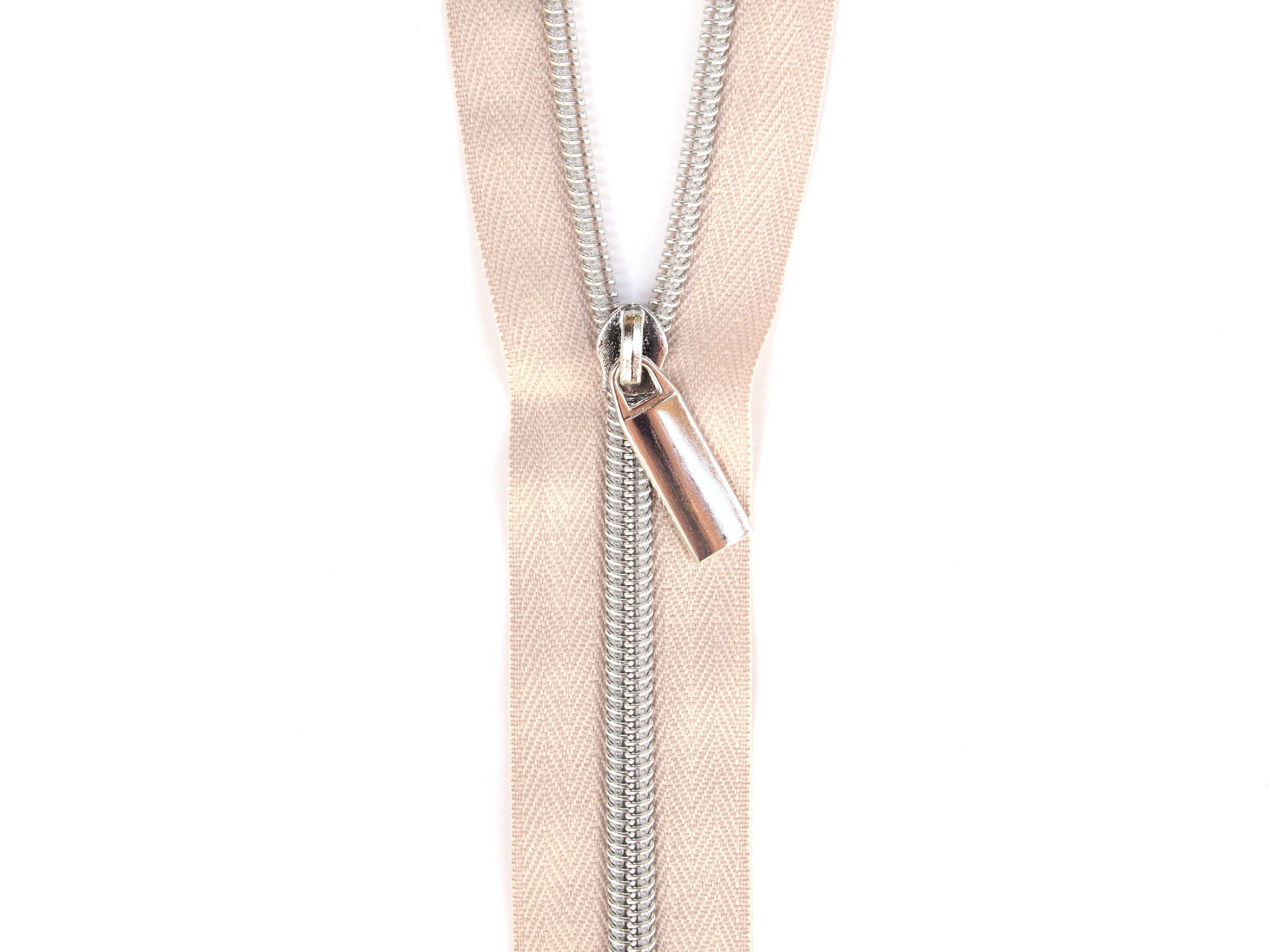 Sallie Tomato #5 Zippers by the Yard Beige With Silver Coils SaToZipBe+S
