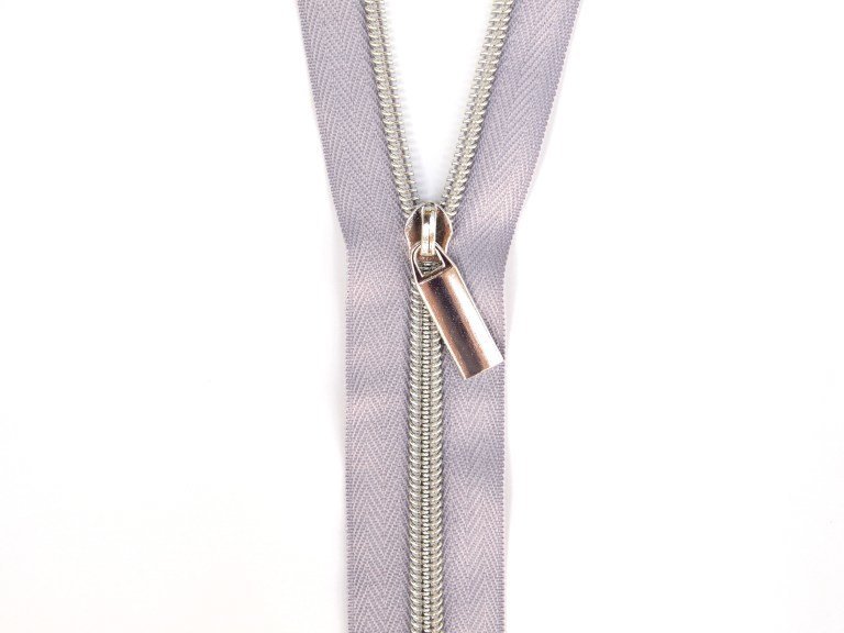 Sallie Tomato #5 Zippers by the Yard Grey With Silver Coils SaToZipG+S