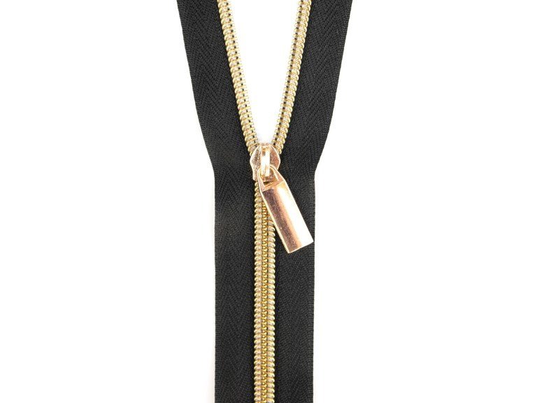 Sallie Tomato #5 Zippers by the Yard Black With Gold Coils SaToZipB+Gold