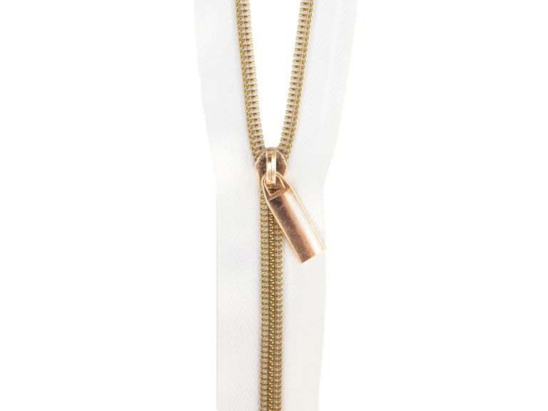 Sallie Tomato #5 Zippers by the Yard White With Gold Coils SaToZipW+G
