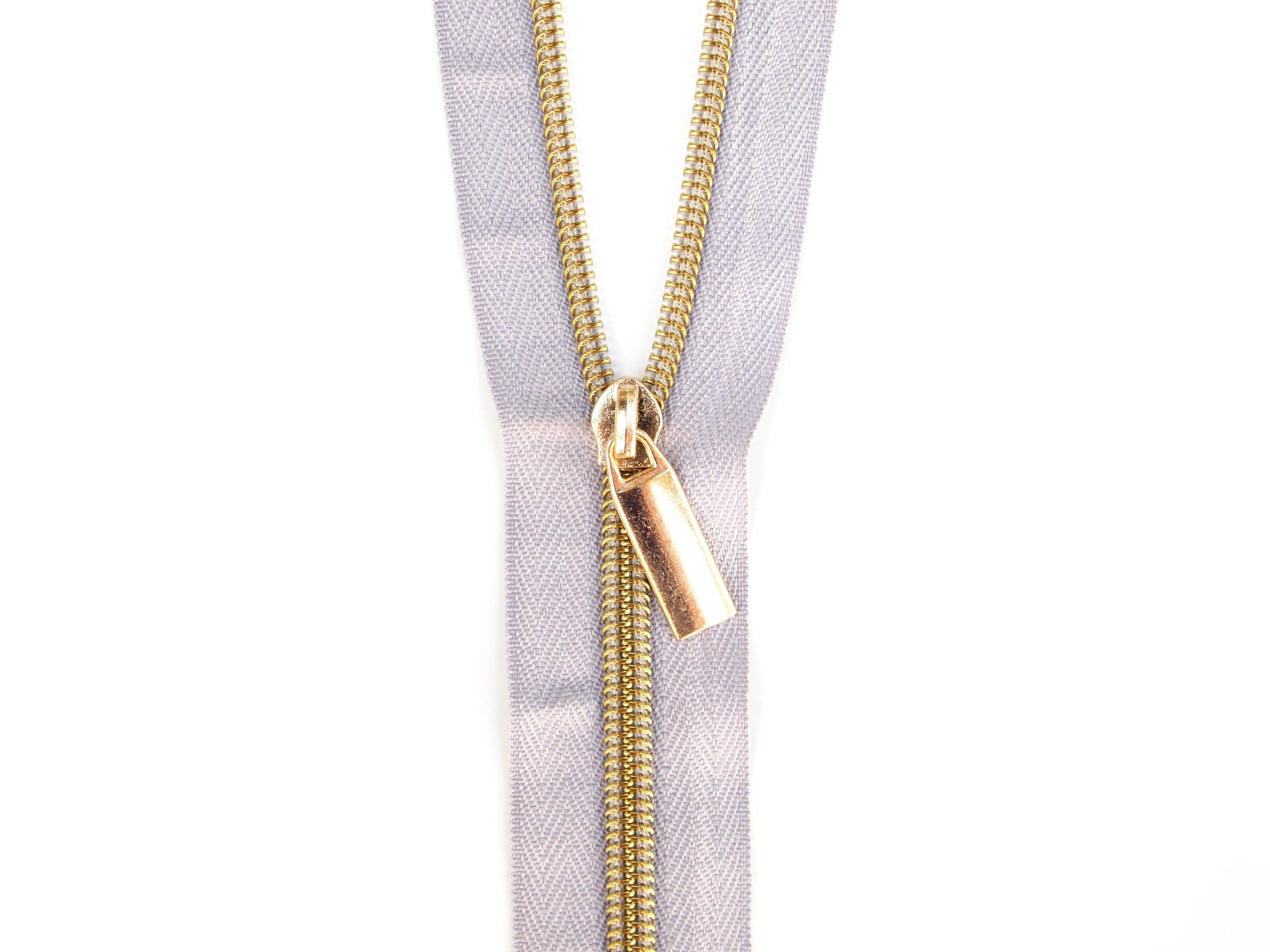 Sallie Tomato #5 Zippers by the Yard Grey With Gold Coils SaToZipB+GG