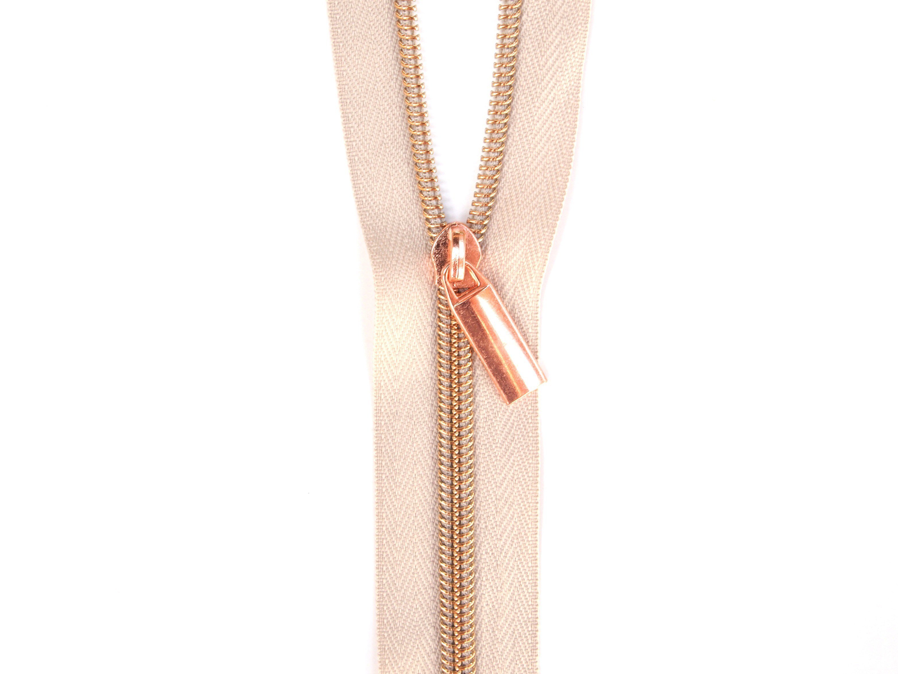 Sallie Tomato #5 Zippers by the Yard Beige With Copper Coils SaToZipBe+C