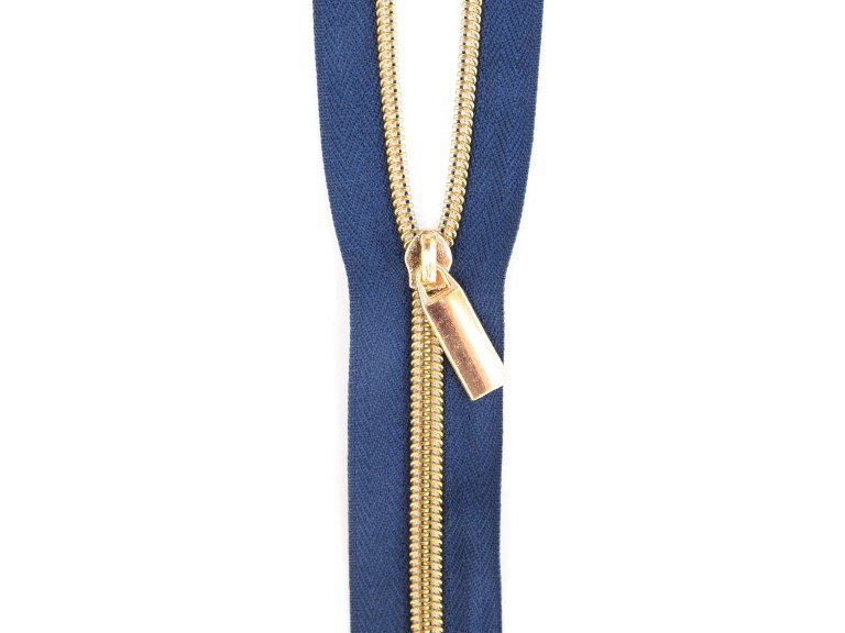 Sallie Tomato #5 Zippers by the Yard Navy With Gold Coils SaToZipN+G