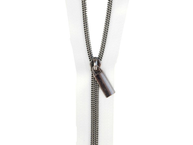 Sallie Tomato #5 Zippers by the Yard White With Gunmetal Black Coils SaToZipW+GB