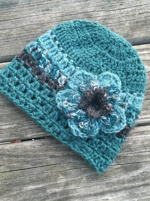 Alpaca Hat with Flower - Teal and Grey