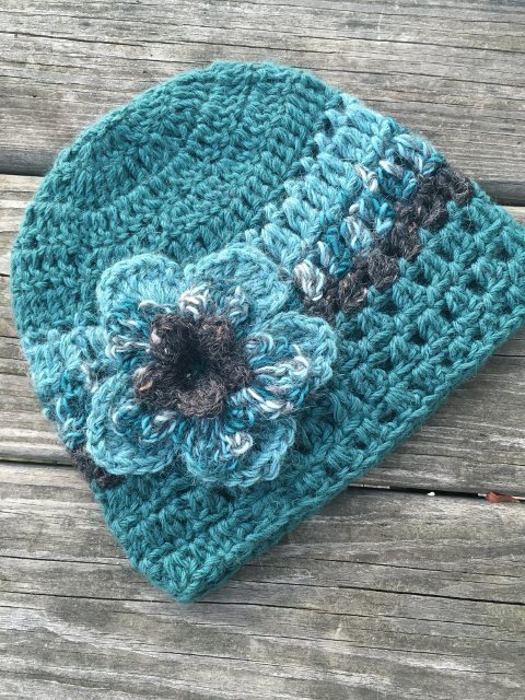 Alpaca Hat with Flower - Teal and Grey