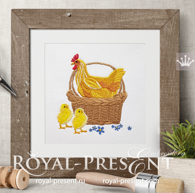 Chicken in a basket with chickens Machine Embroidery Design - 3 sizes RPE-1702