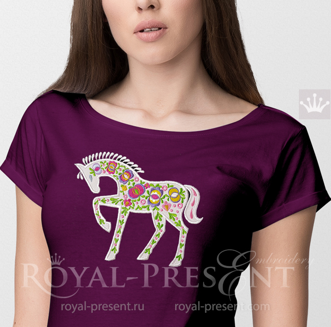 Horse with Moravian folk ornaments Appliqué Embroidery Design - 3 sizes