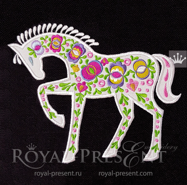 Horse with Moravian folk ornaments Appliqué Embroidery Design - 3 sizes