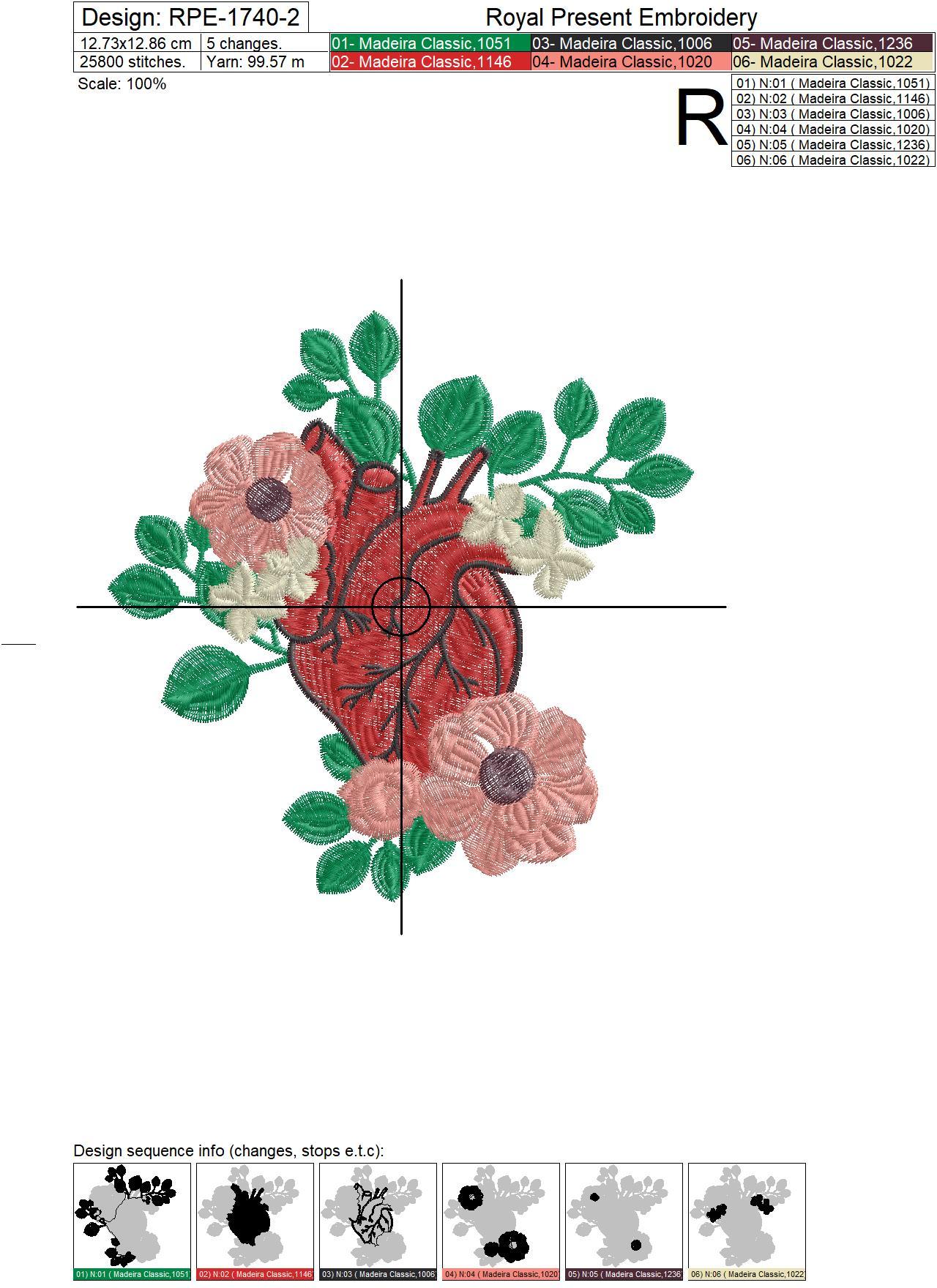Anatomical Heart with anemones Machine Embroidery Design - 3 sizes