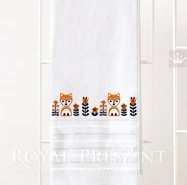 Scandinavian border with foxes Machine Embroidery Design - 2 sizes RPE-1750