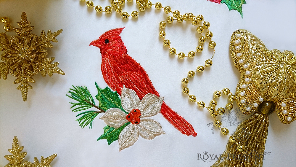 Set of Machine Embroidery Designs Red bird, poinsettia flower