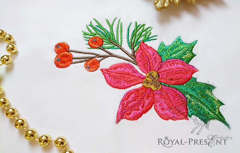 Set of Machine Embroidery Designs Red bird, poinsettia flower