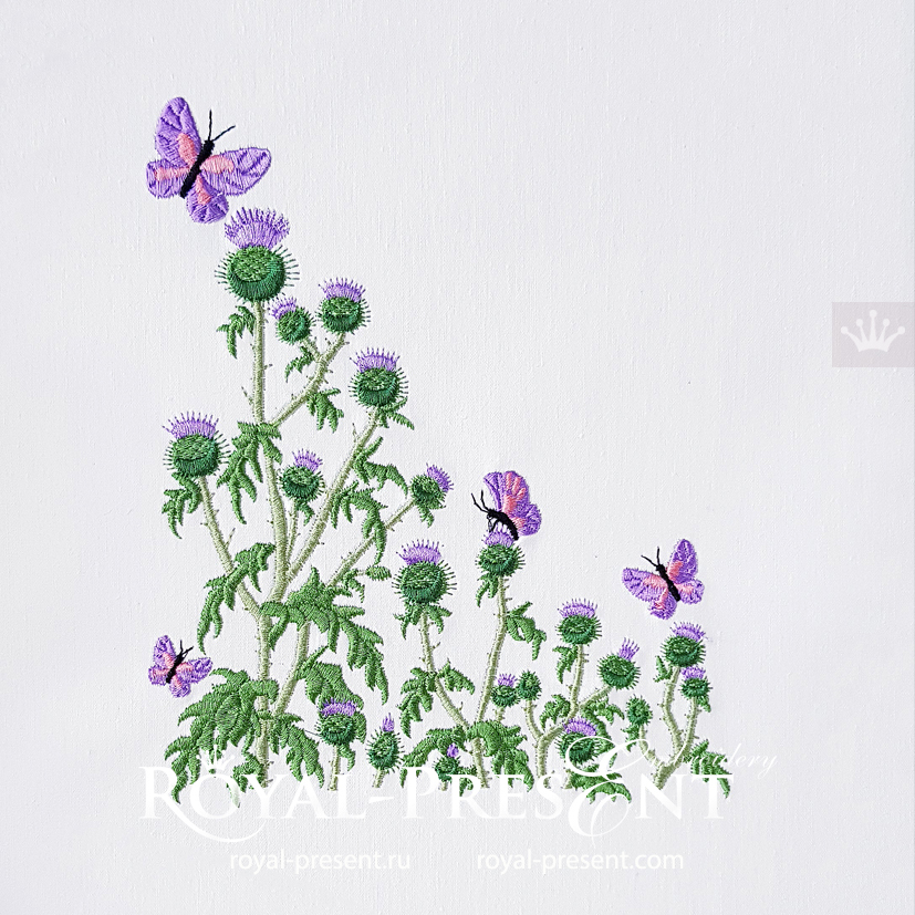 Thistle flowers and butterflies machine embroidery design - 3 sizes RPE-1765