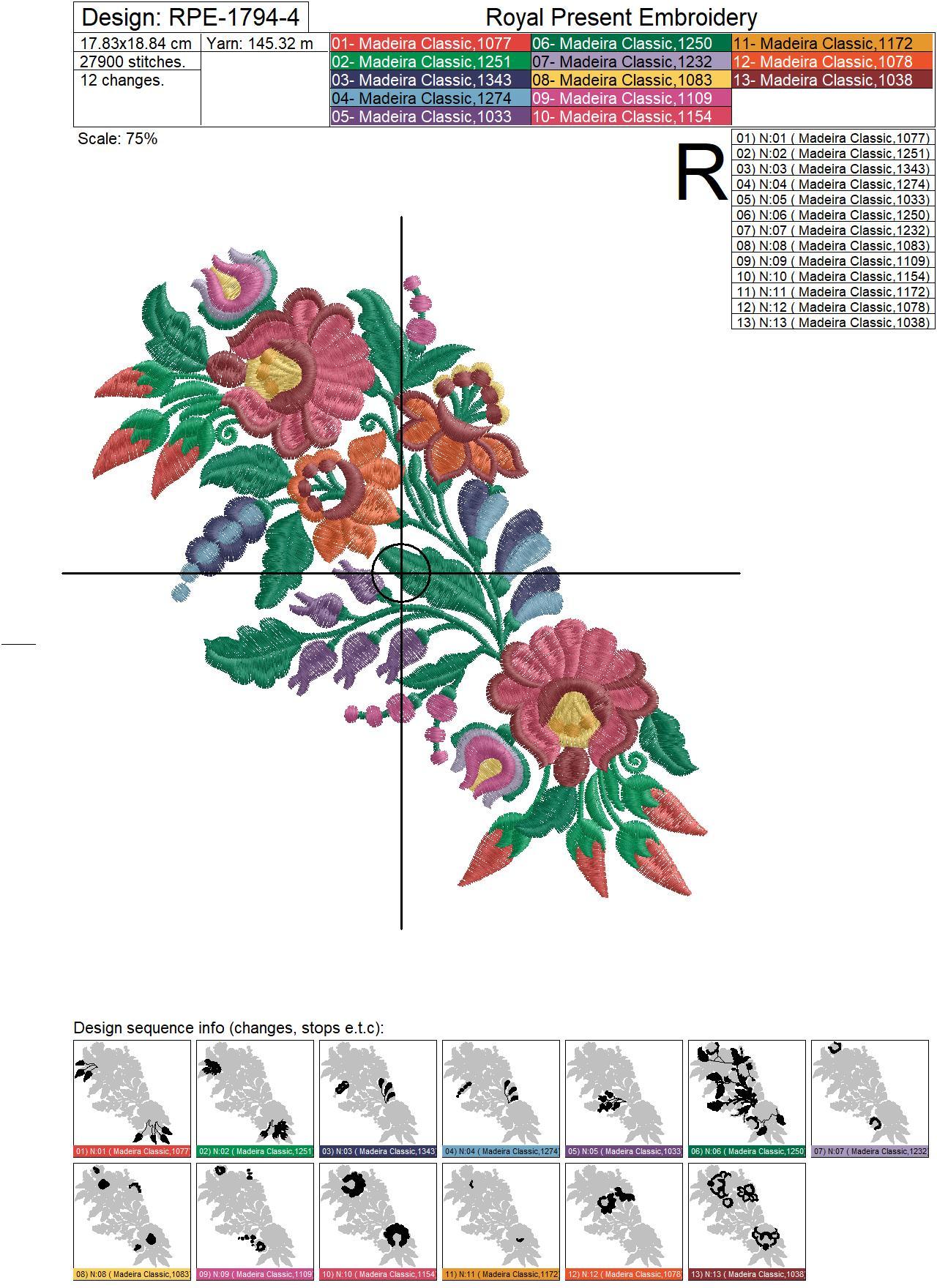 Hungarian folk art embroidery design with flowers and paprika - 4 sizes