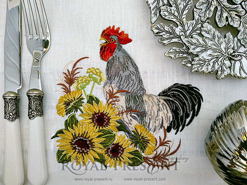 Machine Embroidery Design Rooster in a thicket of sunflowers - 2 sizes